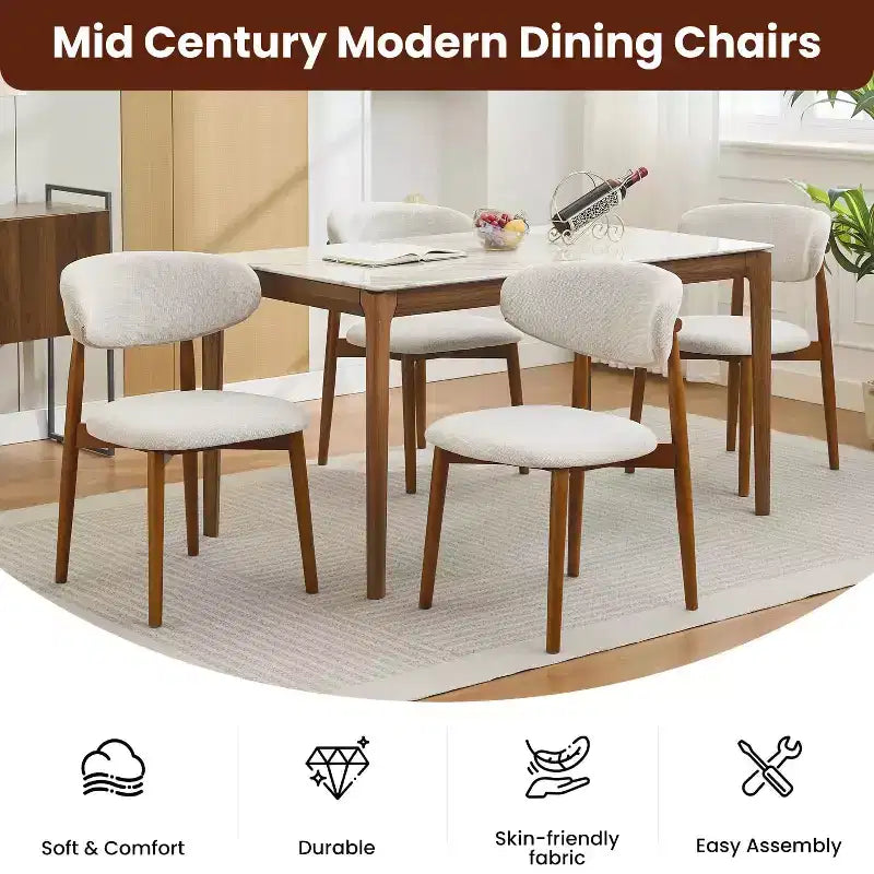 Lot de 4 chaises de salle à manger, chaises de salle à manger modernes du milieu du siècle rembourrées, chaises de cuisine de style campagnard avec siège en tissu rembourré et pieds en bois, beige