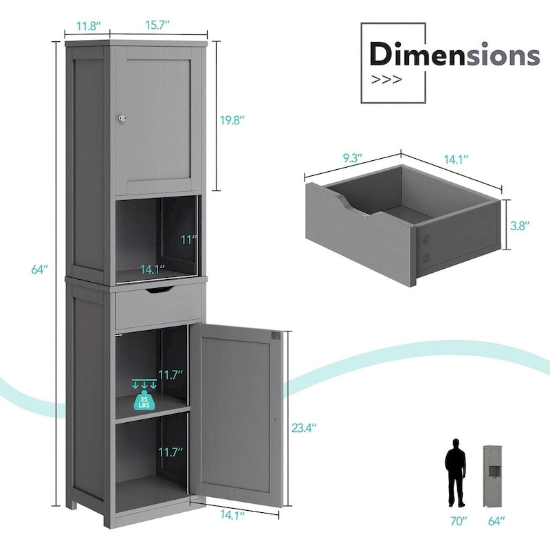 Meuble de rangement de salle de bain haut Futzca, 64 po H, armoire de rangement étroite sur pied