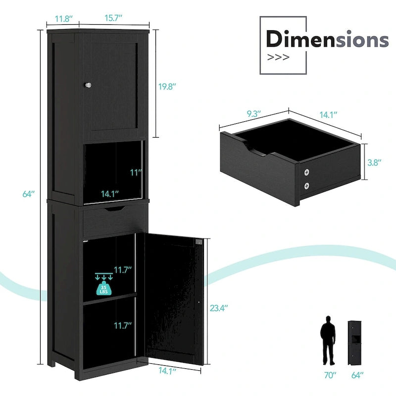 Meuble de rangement de salle de bain haut Futzca, 64 po H, armoire de rangement étroite sur pied