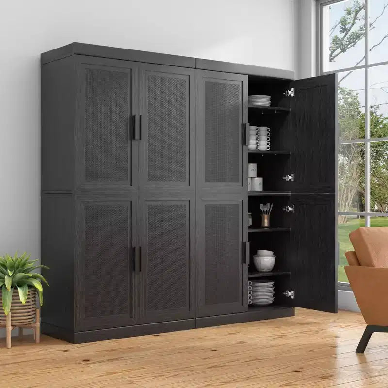 Armoire de rangement décorative de 62 pouces de hauteur en osier noir avec grain de bois et 12 étagères