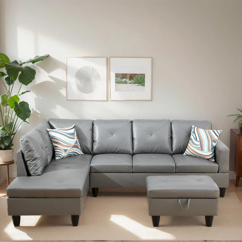 Canapé d'angle rembourré 3 pièces avec pouf de rangement