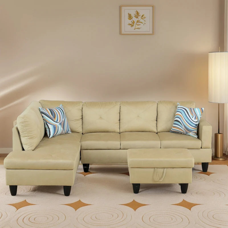 Canapé d'angle rembourré 3 pièces avec pouf de rangement