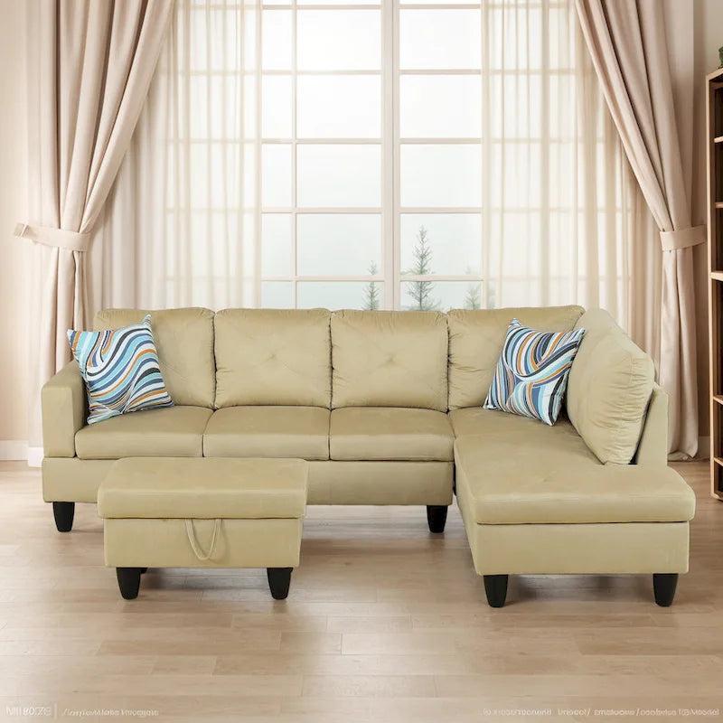 Canapé d'angle rembourré 3 pièces avec pouf de rangement