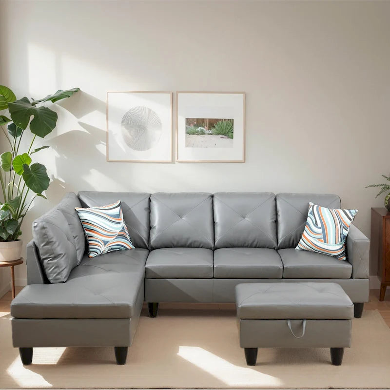 Canapé d'angle rembourré 3 pièces avec pouf de rangement