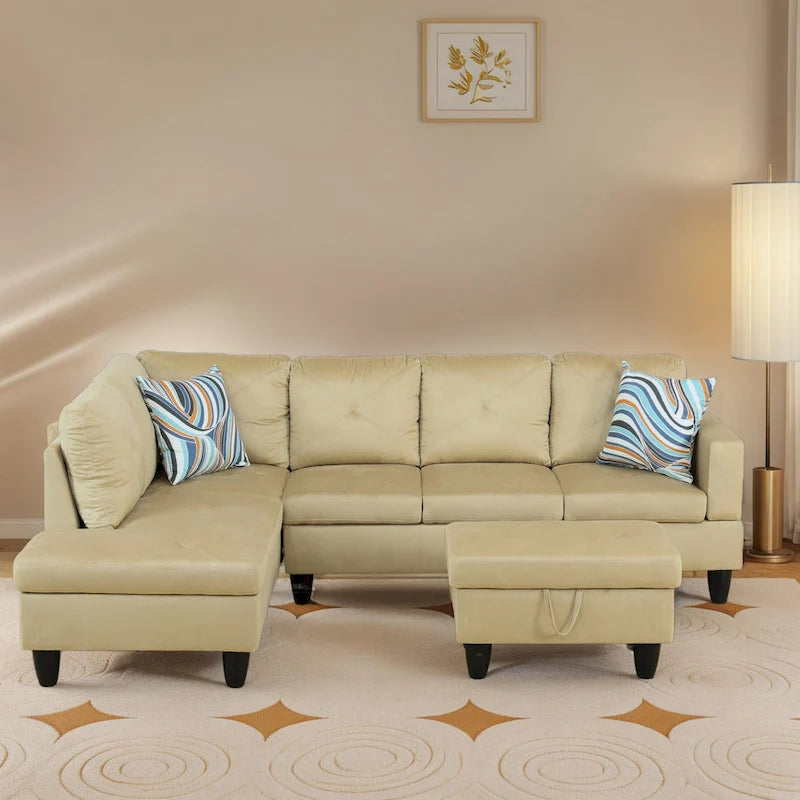 Canapé d'angle rembourré 3 pièces avec pouf de rangement