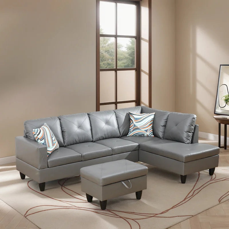 Canapé d'angle rembourré 3 pièces avec pouf de rangement
