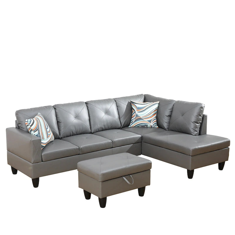 Canapé d'angle rembourré 3 pièces avec pouf de rangement