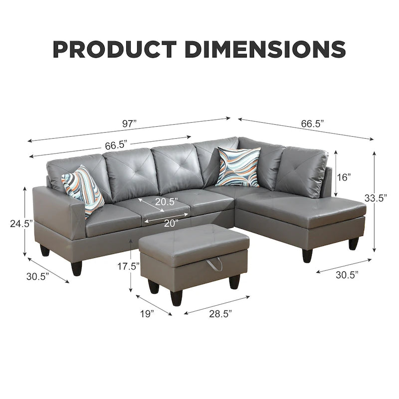 Canapé d'angle rembourré 3 pièces avec pouf de rangement