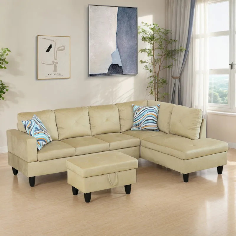 Canapé d'angle rembourré 3 pièces avec pouf de rangement