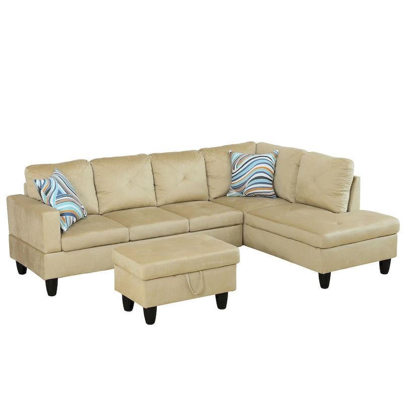 Canapé d'angle rembourré 3 pièces avec pouf de rangement