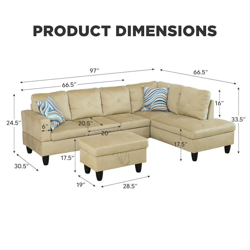 Canapé d'angle rembourré 3 pièces avec pouf de rangement