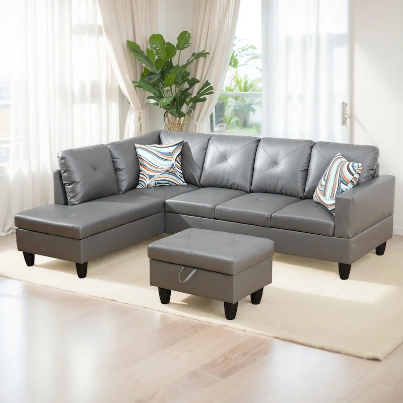 Canapé d'angle rembourré 3 pièces avec pouf de rangement