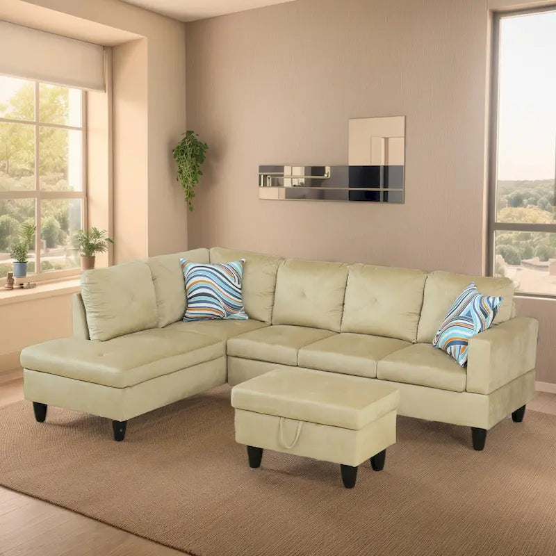 Canapé d'angle rembourré 3 pièces avec pouf de rangement