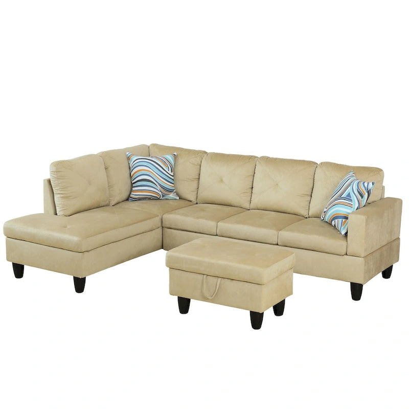 Canapé d'angle rembourré 3 pièces avec pouf de rangement