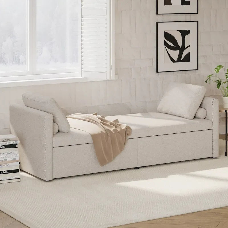 Chaise longue capitonnée moderne, petit lit de repos simple avec 2 tiroirs pour salons