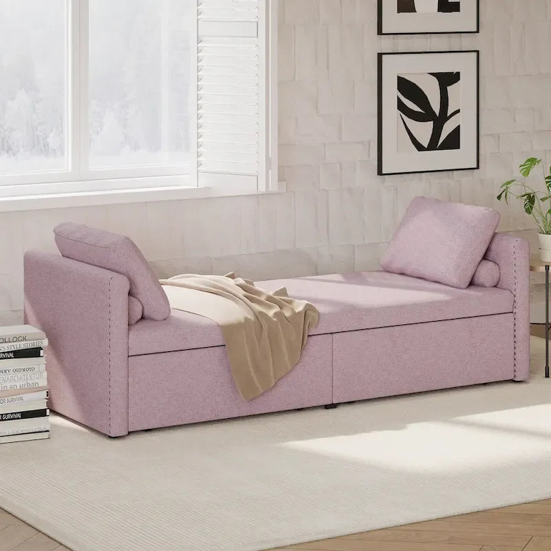 Chaise longue capitonnée moderne, petit lit de repos simple avec 2 tiroirs pour salons
