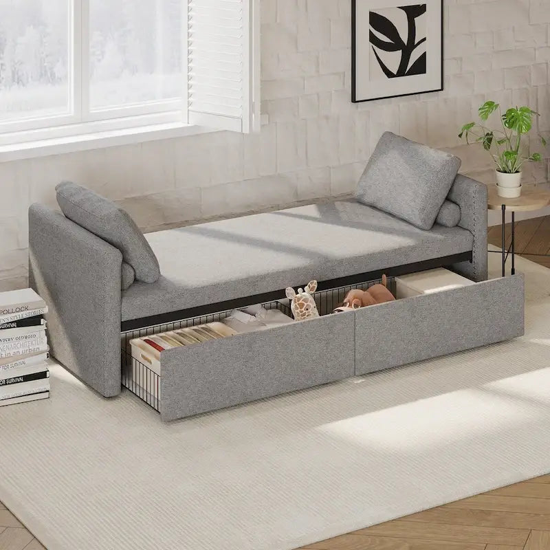 Chaise longue capitonnée moderne, petit lit de repos simple avec 2 tiroirs pour salons