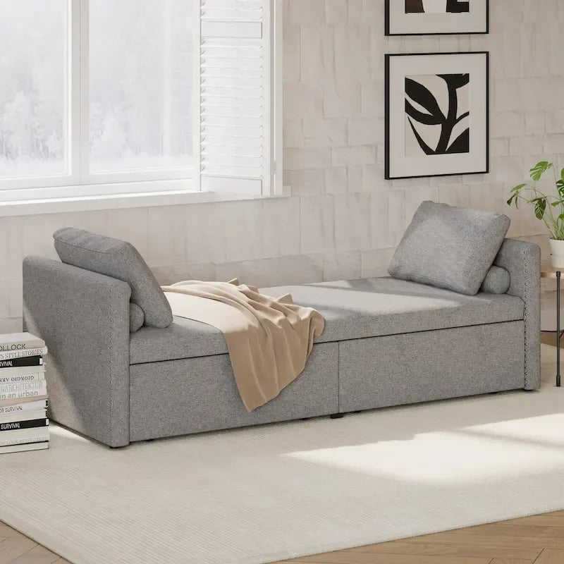 Chaise longue capitonnée moderne, petit lit de repos simple avec 2 tiroirs pour salons