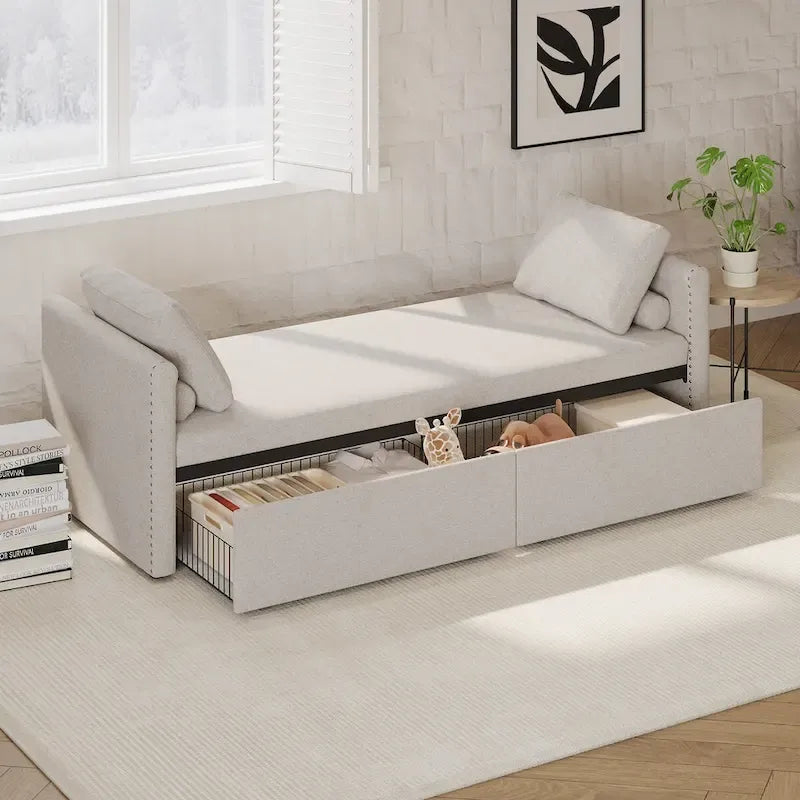 Chaise longue capitonnée moderne, petit lit de repos simple avec 2 tiroirs pour salons