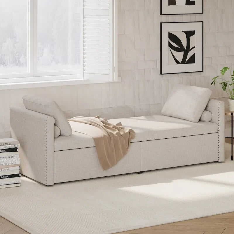 Chaise longue capitonnée moderne, petit lit de repos simple avec 2 tiroirs pour salons