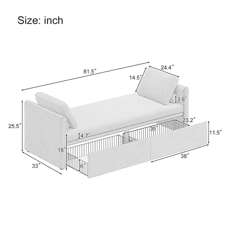 Chaise longue capitonnée moderne, petit lit de repos simple avec 2 tiroirs pour salons