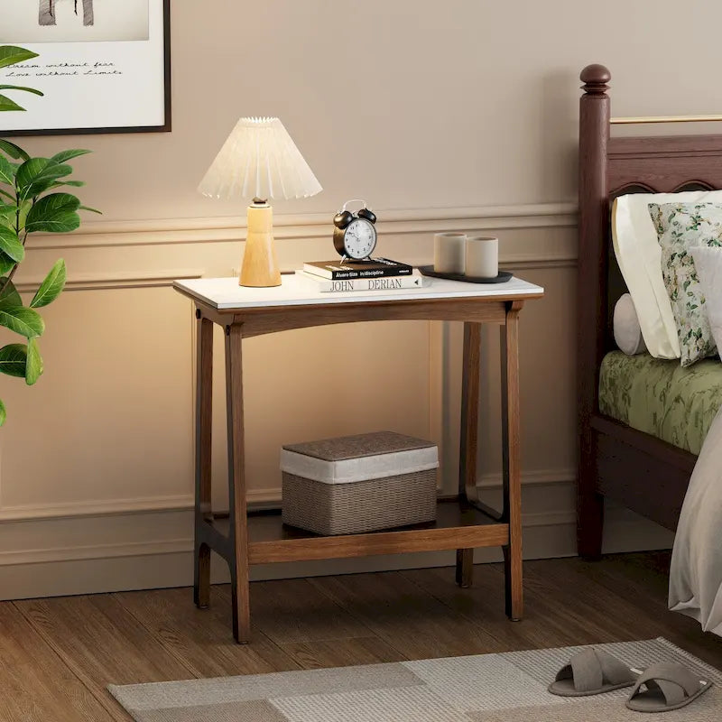 Table d'appoint étroite marron en ardoise avec étagère de rangement