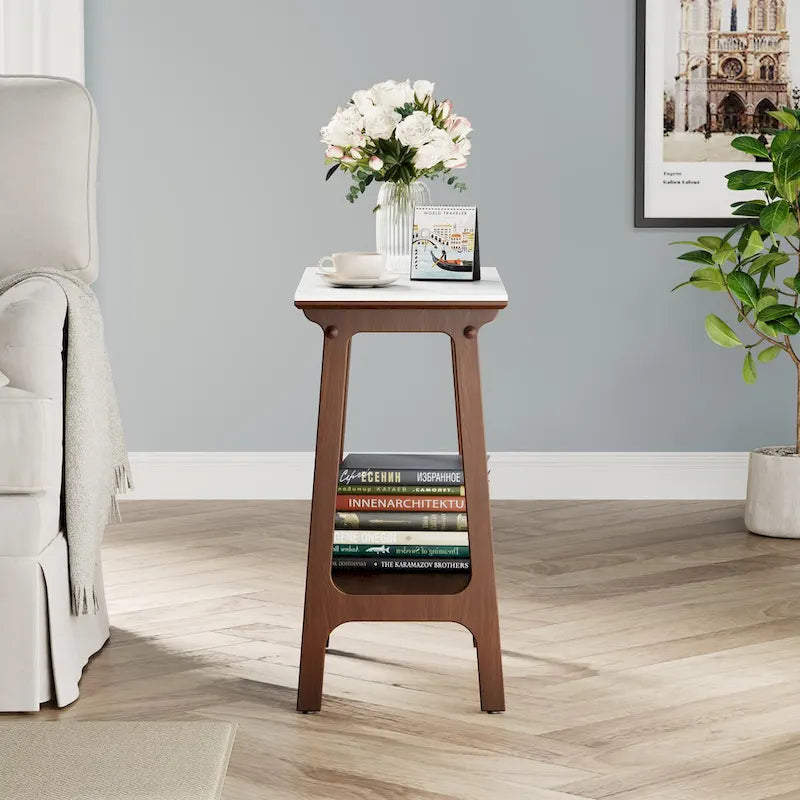 Table d'appoint étroite marron en ardoise avec étagère de rangement
