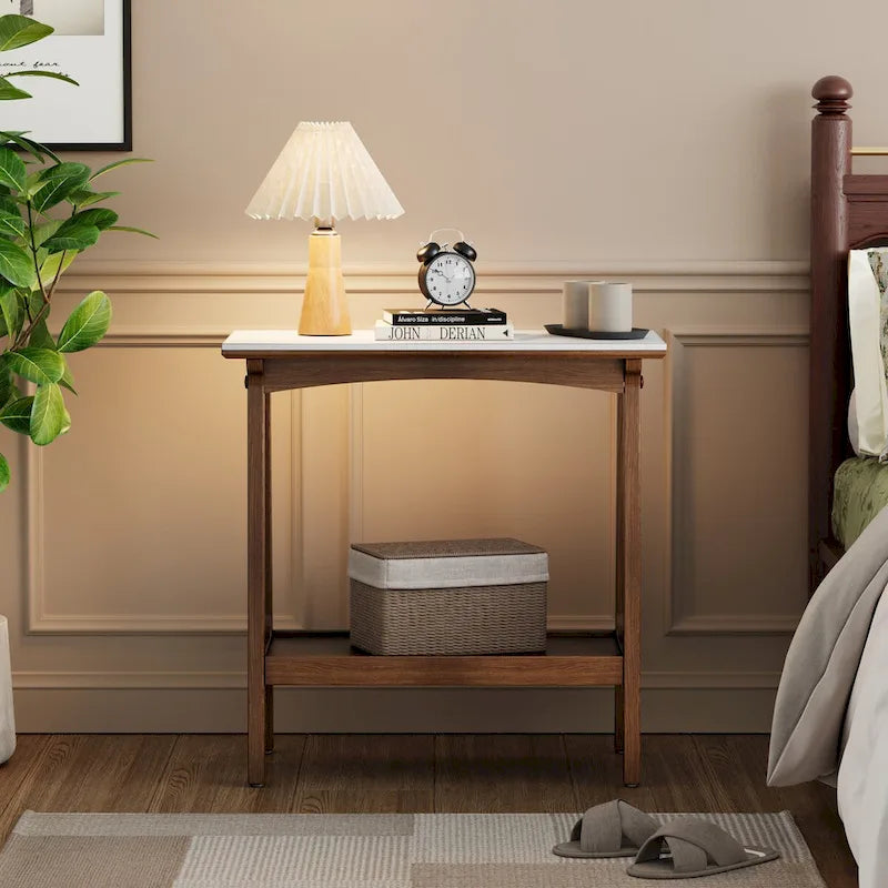 Table d'appoint étroite marron en ardoise avec étagère de rangement