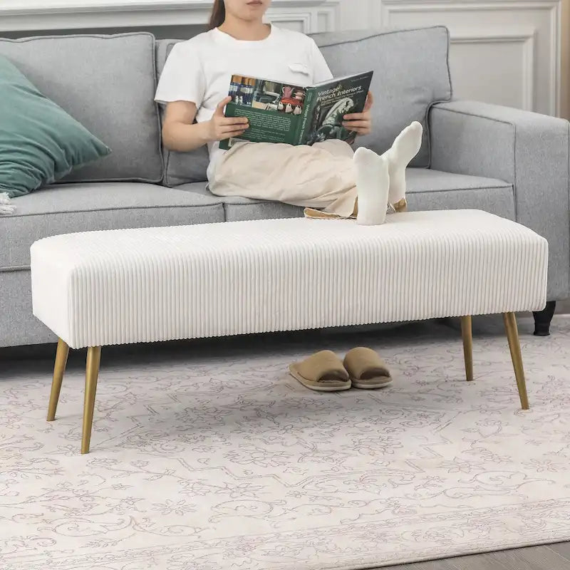 Banc en velours Adeco de 109 cm, pour bout de lit ou entrée, avec pieds dorés
