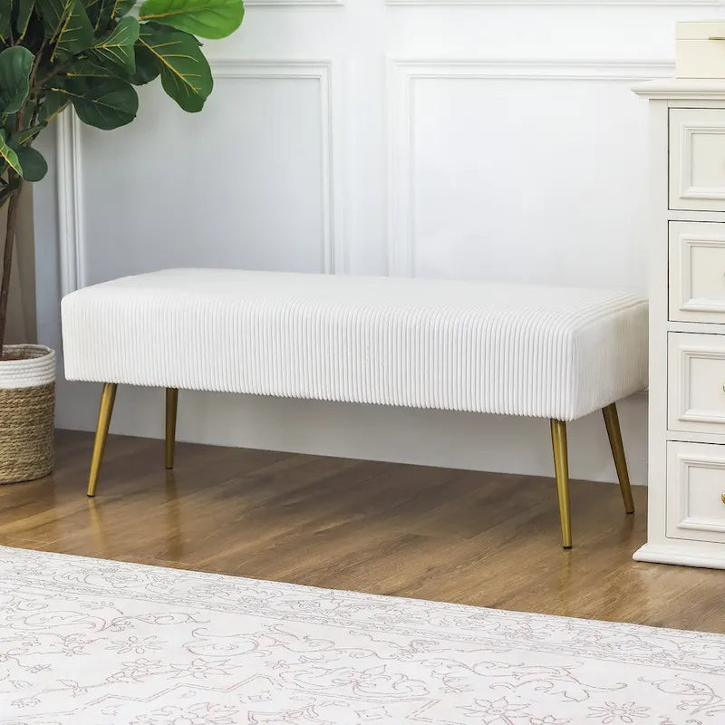 Banc en velours Adeco de 109 cm, pour bout de lit ou entrée, avec pieds dorés