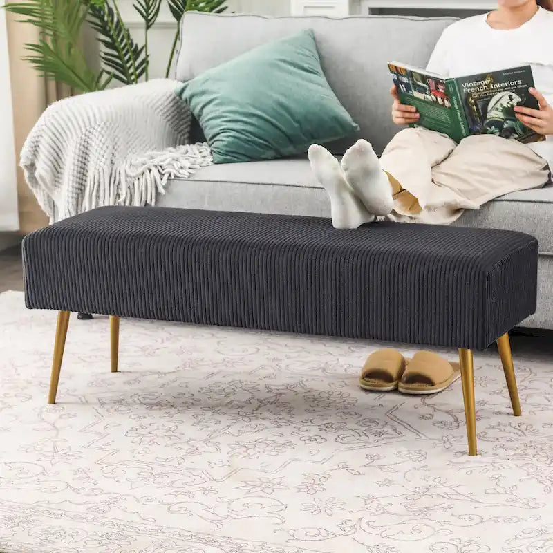 Banc en velours Adeco de 109 cm, pour bout de lit ou entrée, avec pieds dorés