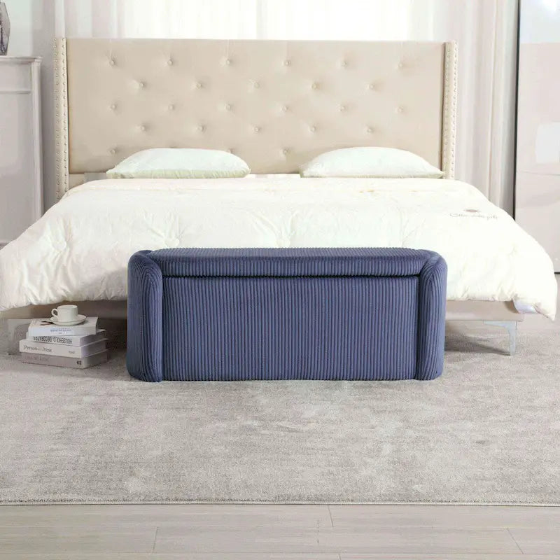 Banc de bout de lit, Pouf de rangement rembourré en tissu avec charnière de sécurité, Repose-pieds rembourré pour entrée,