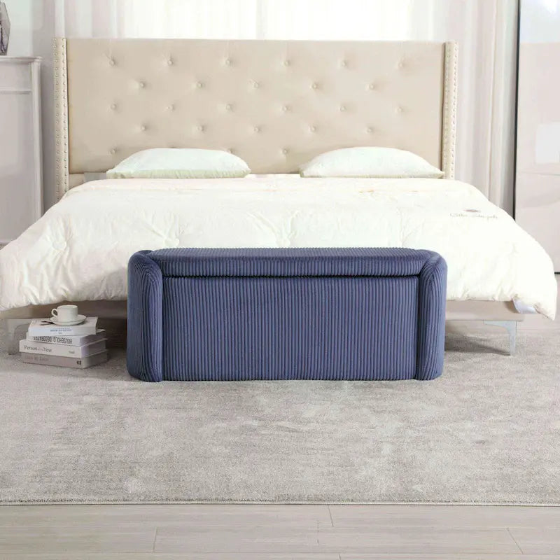 Banc de bout de lit, Pouf de rangement rembourré en tissu avec charnière de sécurité, Repose-pieds rembourré pour entrée,