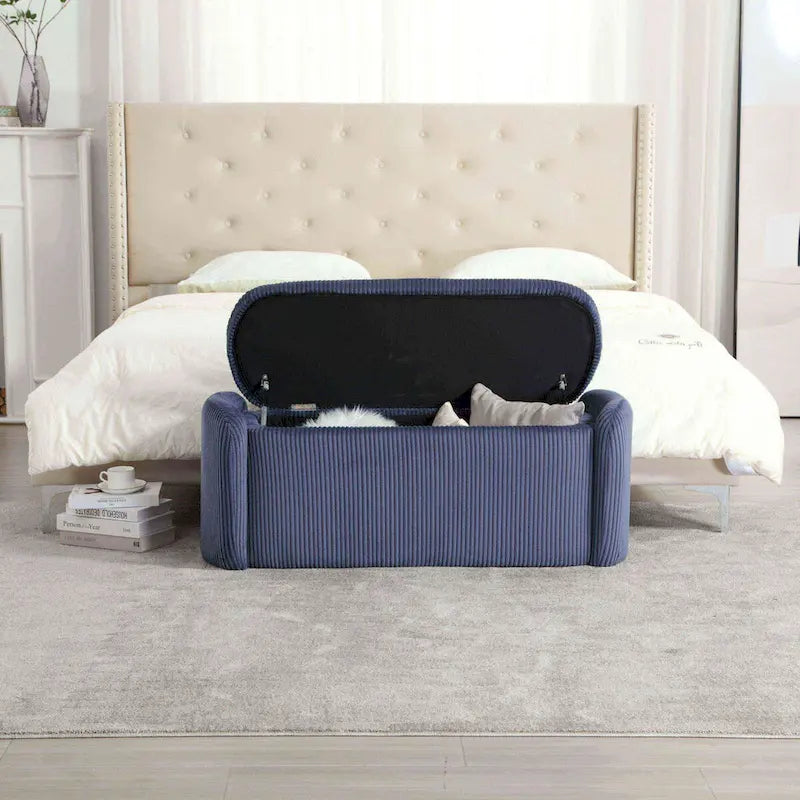 Banc de bout de lit, Pouf de rangement rembourré en tissu avec charnière de sécurité, Repose-pieds rembourré pour entrée,