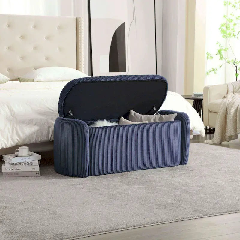 Banc de bout de lit, Pouf de rangement rembourré en tissu avec charnière de sécurité, Repose-pieds rembourré pour entrée,