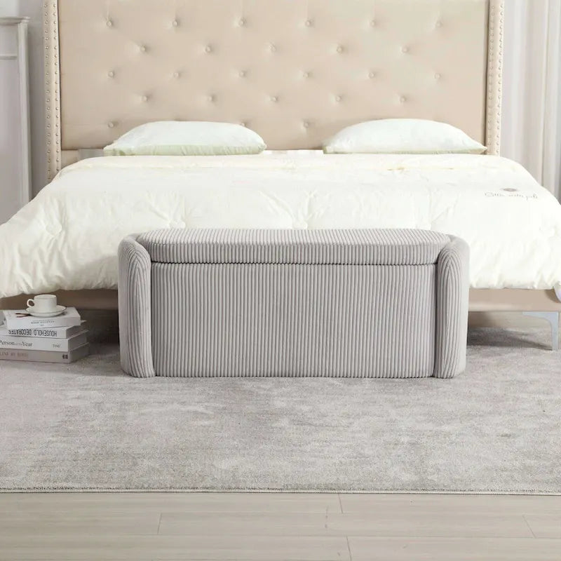 Banc de bout de lit, Pouf de rangement rembourré en tissu avec charnière de sécurité, Repose-pieds rembourré pour entrée,