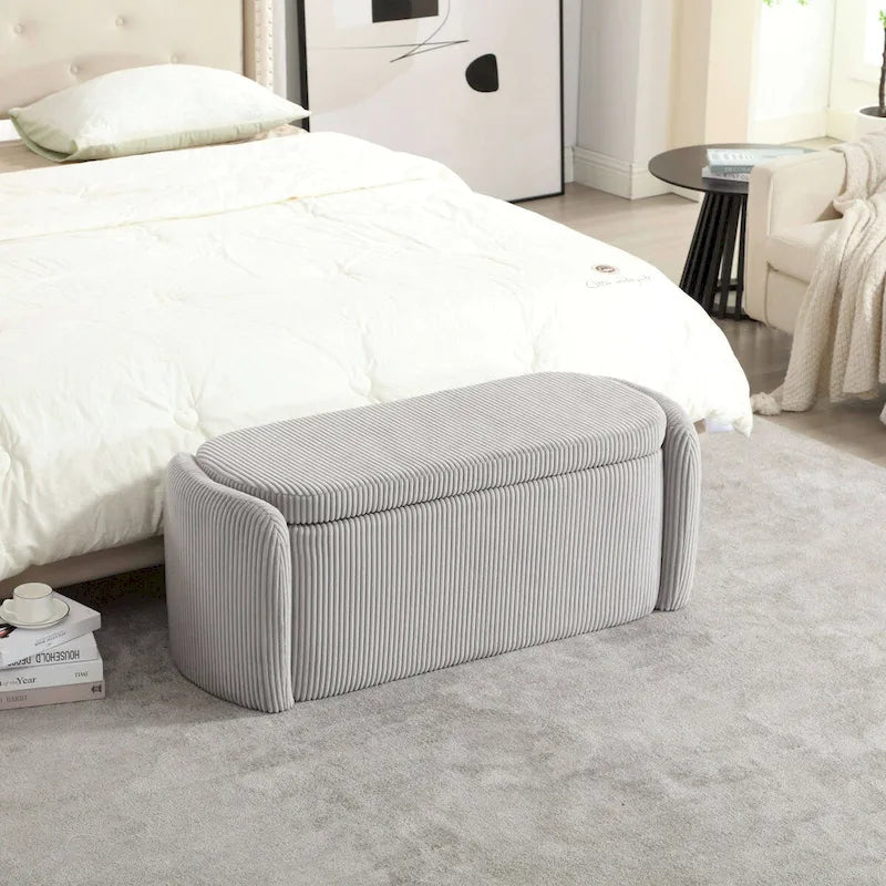 Banc de bout de lit, Pouf de rangement rembourré en tissu avec charnière de sécurité, Repose-pieds rembourré pour entrée,