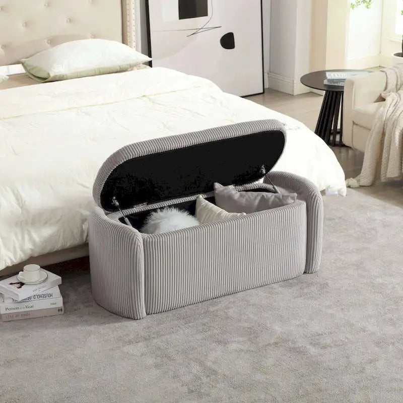 Banc de bout de lit, Pouf de rangement rembourré en tissu avec charnière de sécurité, Repose-pieds rembourré pour entrée,