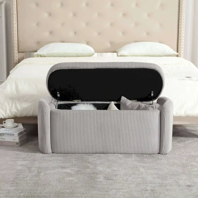 Banc de bout de lit, Pouf de rangement rembourré en tissu avec charnière de sécurité, Repose-pieds rembourré pour entrée,