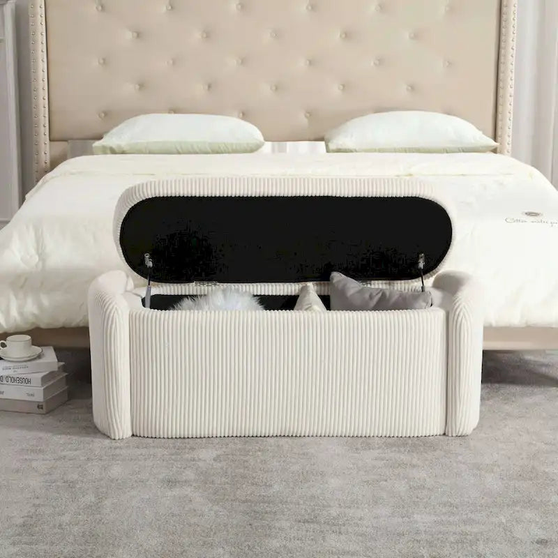 Banc de bout de lit, Pouf de rangement rembourré en tissu avec charnière de sécurité, Repose-pieds rembourré pour entrée,