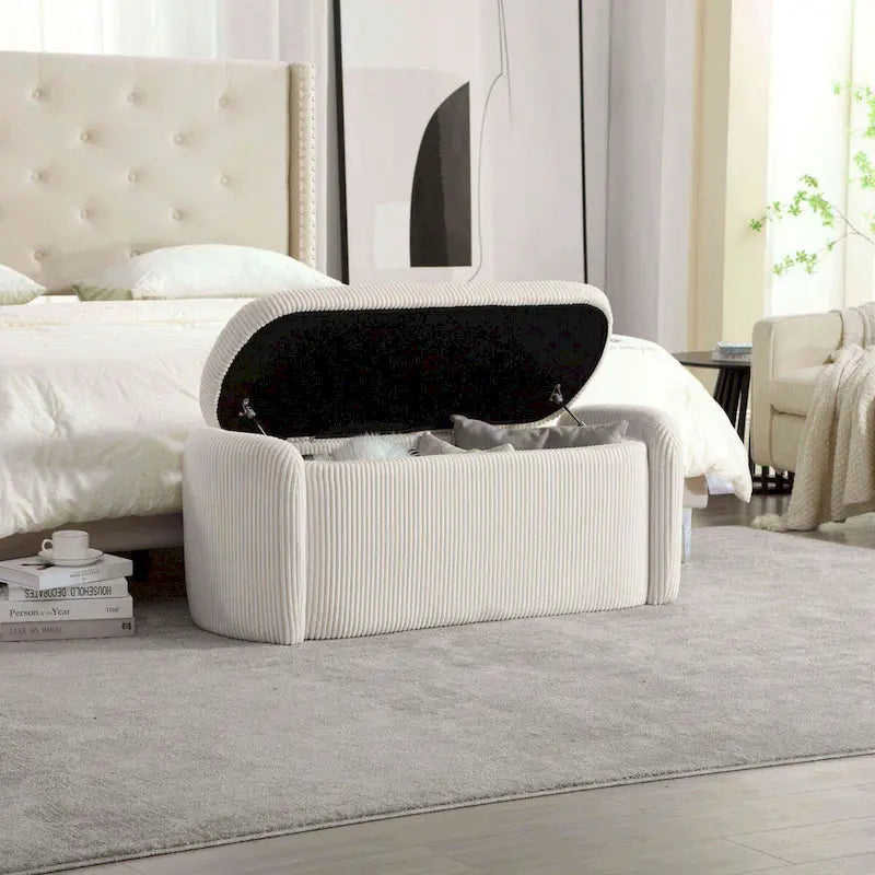 Banc de bout de lit, Pouf de rangement rembourré en tissu avec charnière de sécurité, Repose-pieds rembourré pour entrée,
