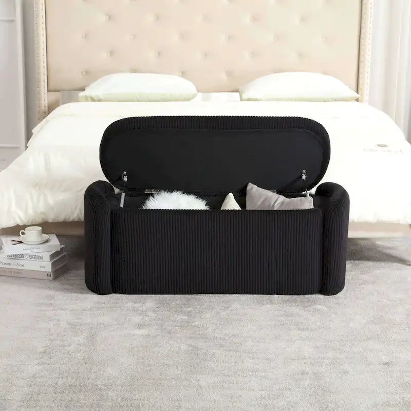 Banc de bout de lit, Pouf de rangement rembourré en tissu avec charnière de sécurité, Repose-pieds rembourré pour entrée,