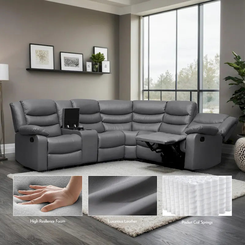 Canapé d'angle modulable inclinable manuel 106 avec 1 console et 2 porte-gobelets, salon/bureau