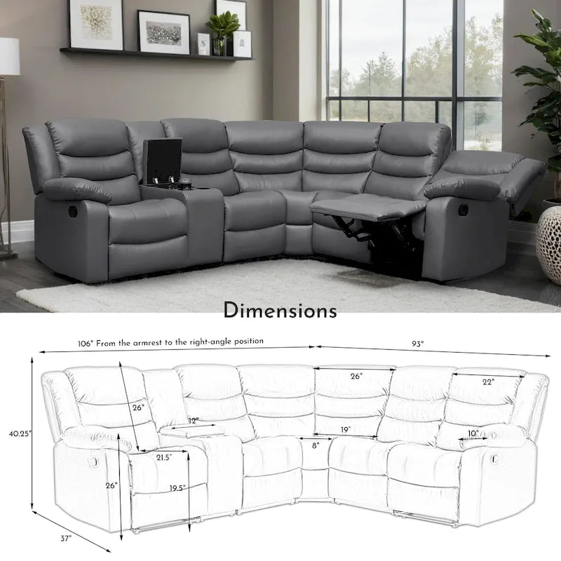 Canapé d'angle modulable inclinable manuel 106 avec 1 console et 2 porte-gobelets, salon/bureau