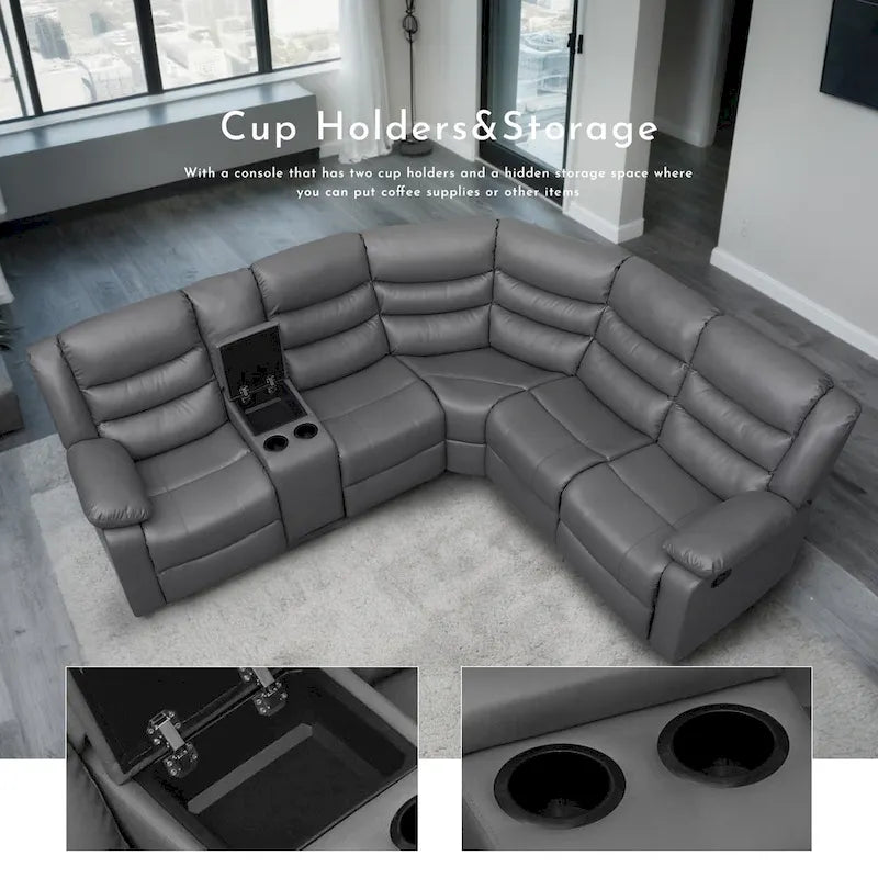 Canapé d'angle modulable inclinable manuel 106 avec 1 console et 2 porte-gobelets, salon/bureau
