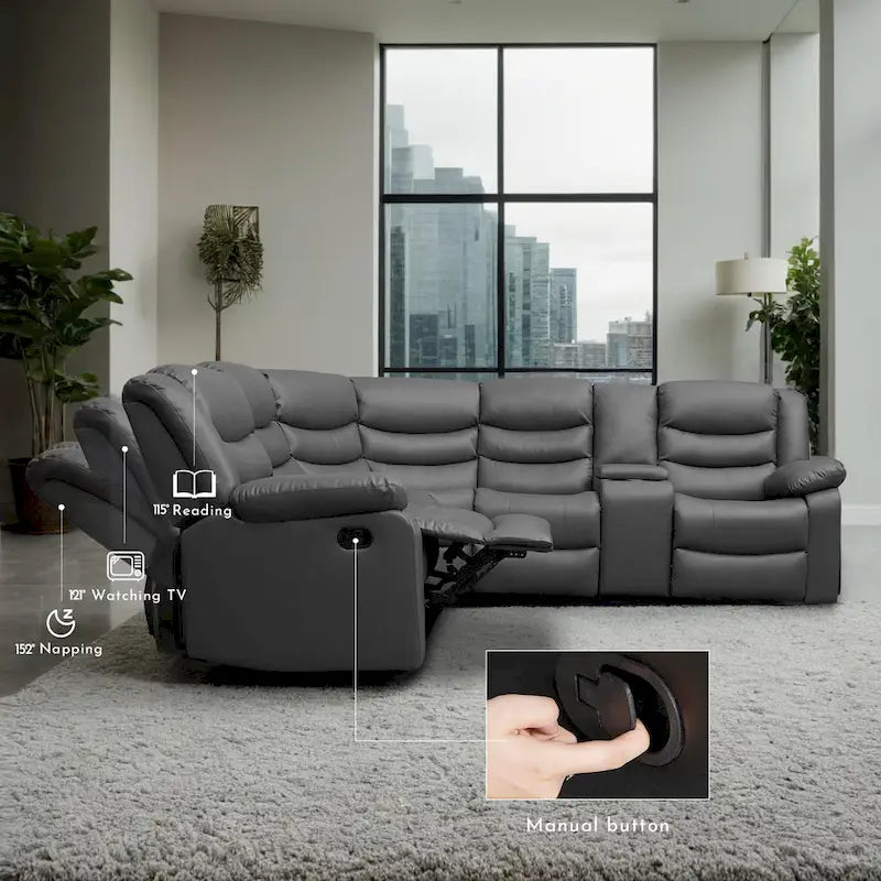 Canapé d'angle modulable inclinable manuel 106 avec 1 console et 2 porte-gobelets, salon/bureau