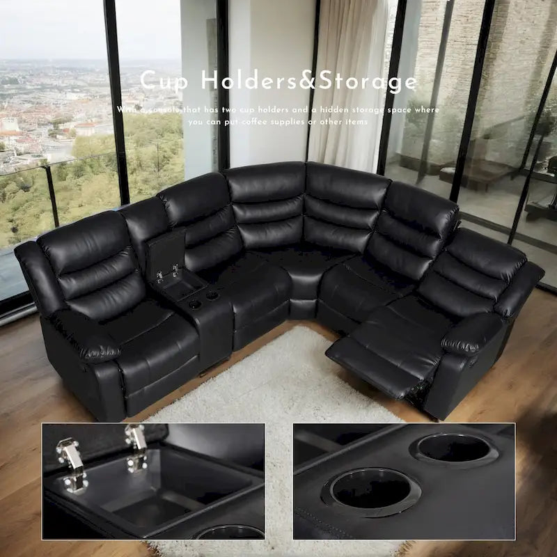 Canapé d'angle modulable inclinable manuel 106 avec 1 console et 2 porte-gobelets, salon/bureau