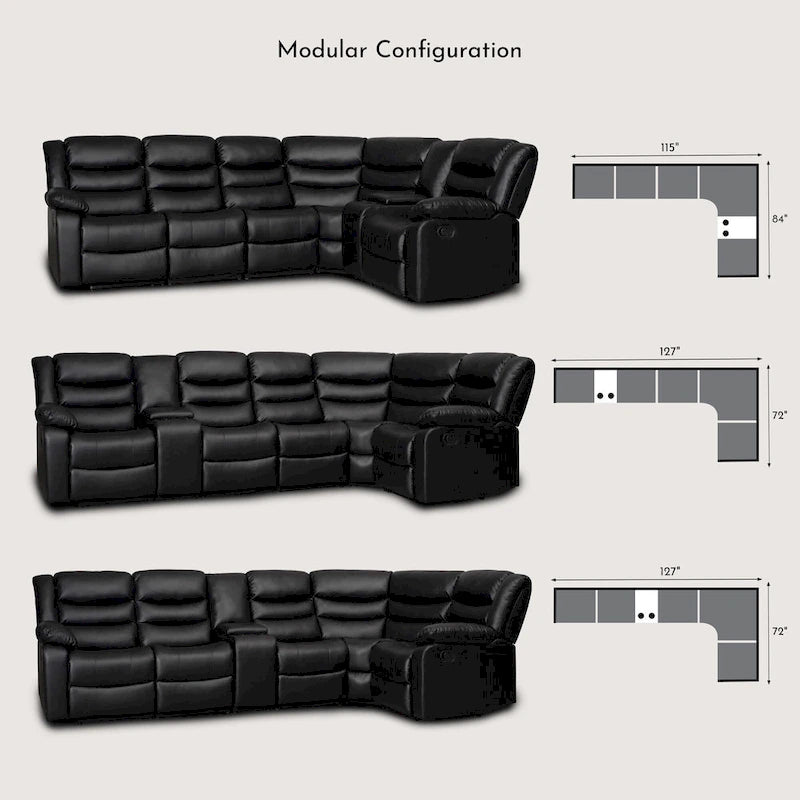 Canapé d'angle modulable inclinable manuel 106 avec 1 console et 2 porte-gobelets, salon/bureau