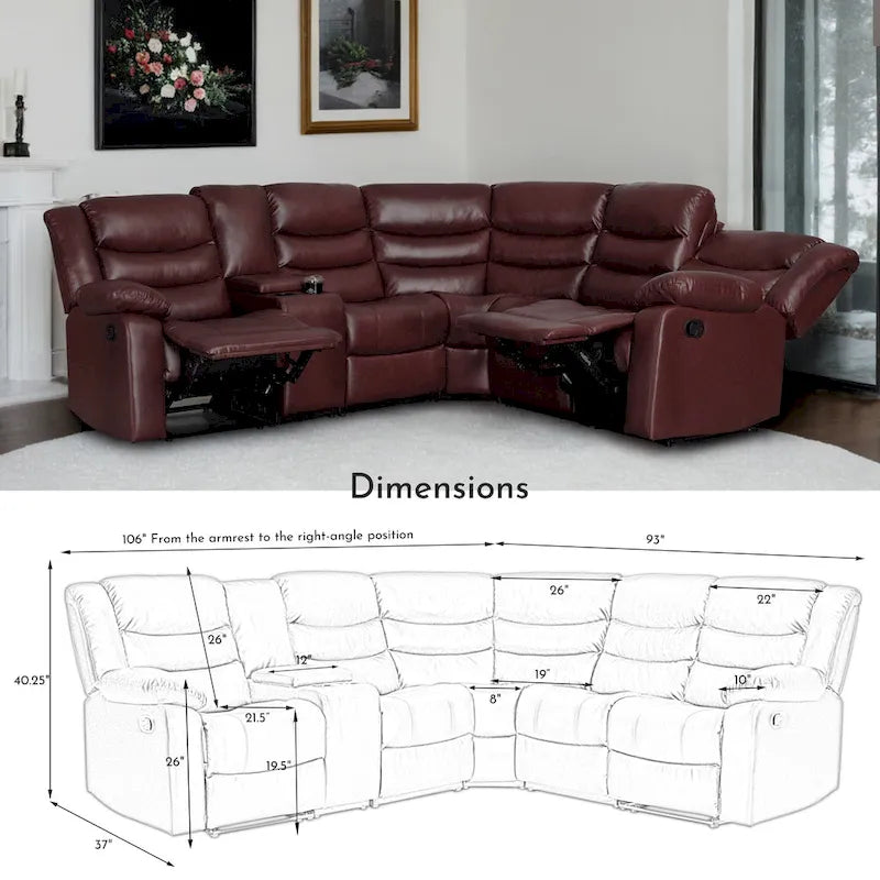 Canapé d'angle modulable inclinable manuel 106 avec 1 console et 2 porte-gobelets, salon/bureau