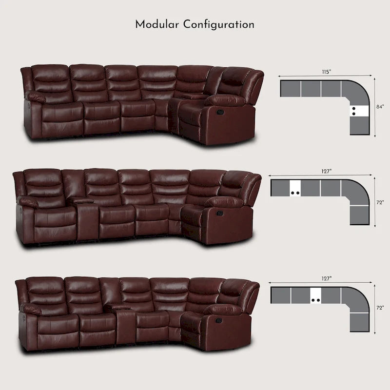 Canapé d'angle modulable inclinable manuel 106 avec 1 console et 2 porte-gobelets, salon/bureau